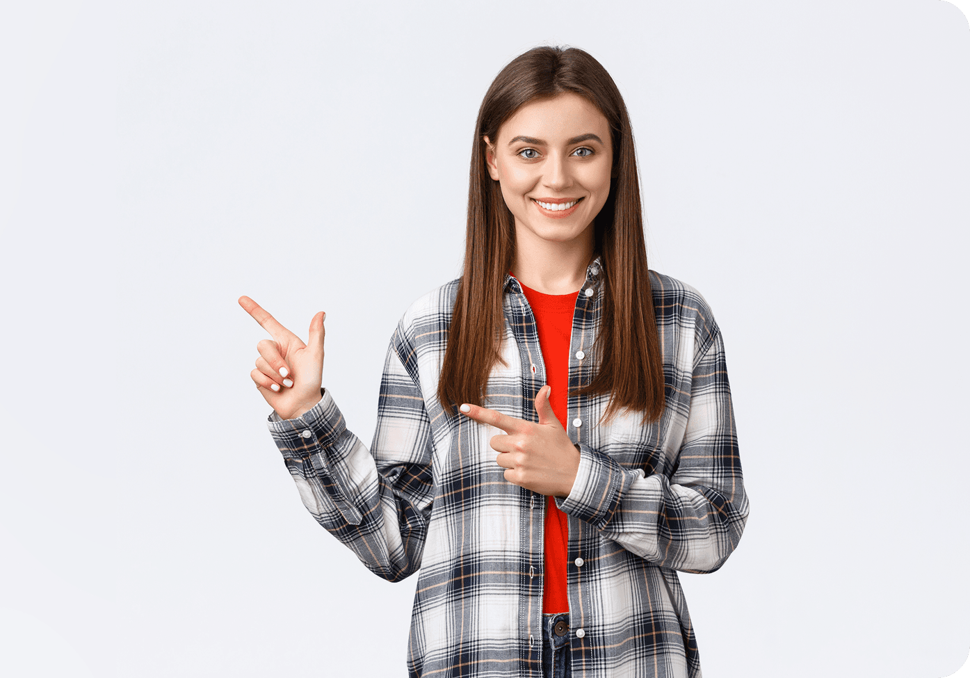 Smiling partner pointing to call to action